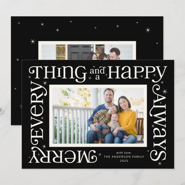 Svart Merry Everything och Glad Alltid Foto Julkort (Fram/baksida)