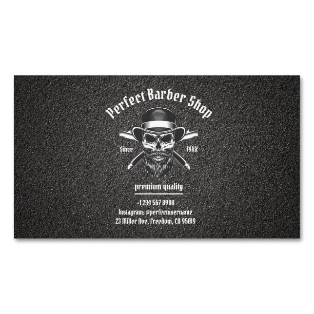 Svart Metall Beard Modern Elegant Barber Salon Magnetiska Visitkort (Framsida)