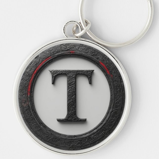 🔴 Svart Metall T Monogram Emblem 🔴 Rund Silverfärgad Nyckelring (Framsidan)