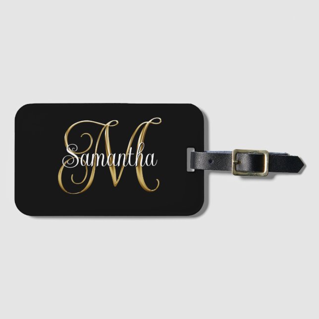 Svart Metallisk Lockig Signatur M Monogram Bagagebricka (Framsida horisontal)