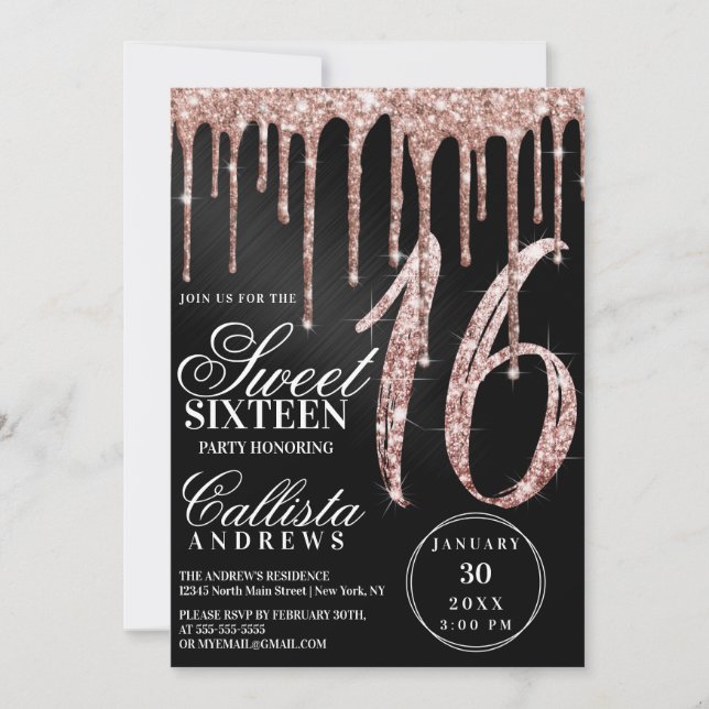 Svart metalliska Glitter-drivmedel, söt 16, ro Gul Inbjudningar (Framsida)