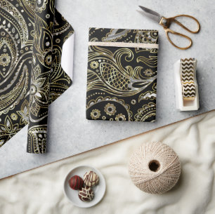 Svart & metalliskt silver & guld blommig paisley presentpapper