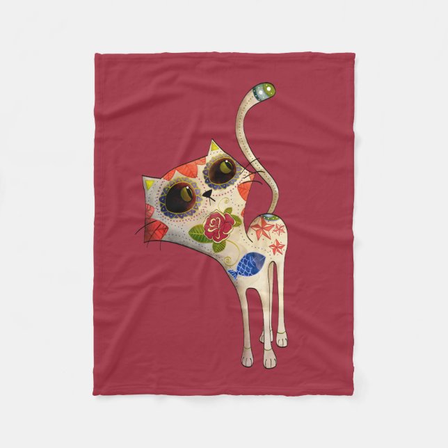 Svart mexicansk day of the deadkatt fleecefilt (Framsidan)