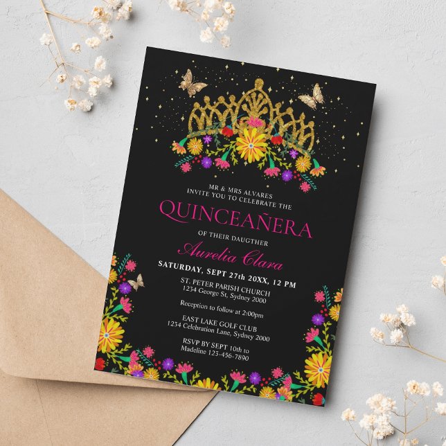 Svart mexikansk fiesta Blommigt Guld Tiara Quincea Inbjudningar (Skapare uppladdad)