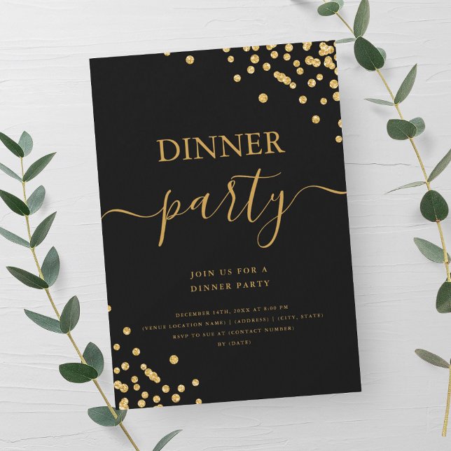 Svart middag med guldglitterkonfetti inbjudningar (Gold Glitter Confetti Script Dinner Party Black Invitation)
