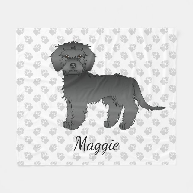 Svart Mini Goldendoodle Tecknad Hund & Namn Fleecefilt (Framsidan (Horisontell))