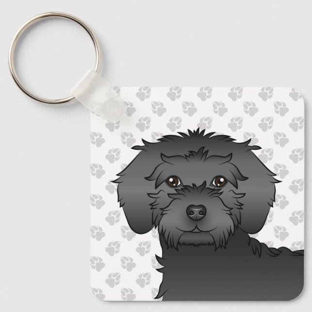 Svart Mini Goldendoodle Tecknad Hund & Namn Nyckelring (Framsida)
