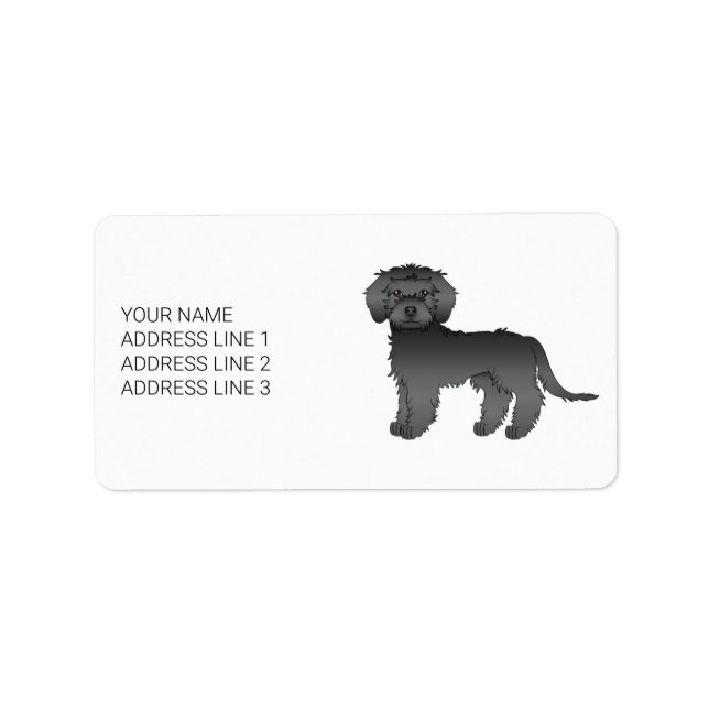 Svart Mini Goldendoodle Tecknad Hund & Text Adressetikett (Framsidan)