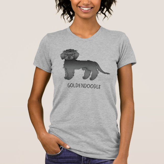 Svart Mini Goldendoodle Tecknad Hund & Text T Shirt (Framsida)