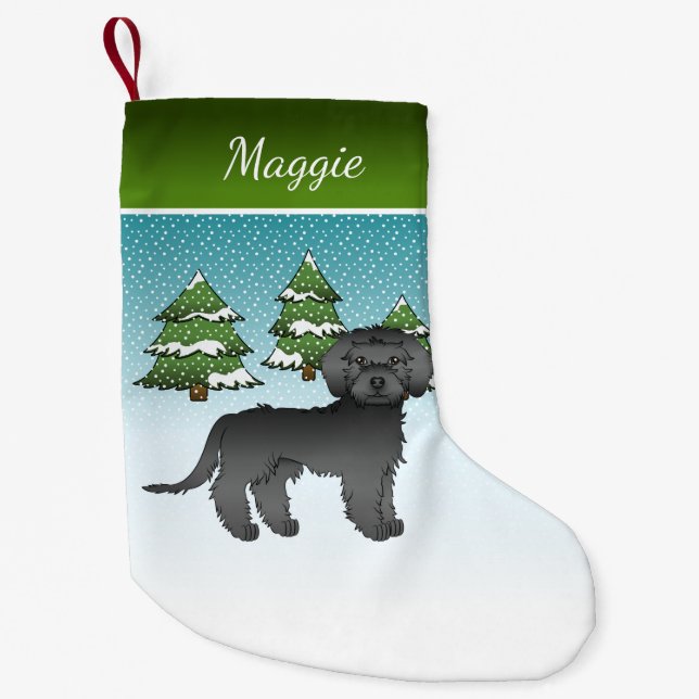Svart Mini Goldendoodle - Vinter Skog & Namn Liten Julstrumpa (Framsidan)