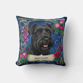 Svart Miniature Schnauzer På Blå Kudd Kudde