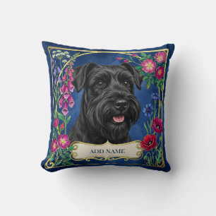 Svart Miniature Schnauzer På Blå Kudd Kudde