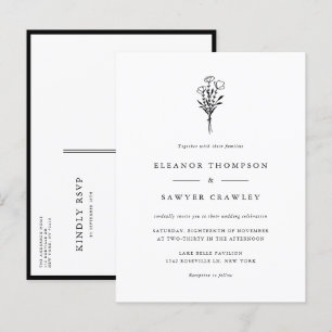 Svart minimal Blommigt Bouquet Bröllop Inbjudan Vykort