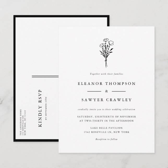Svart minimal Blommigt Bouquet Bröllop Inbjudan Vykort (Fram/baksida)
