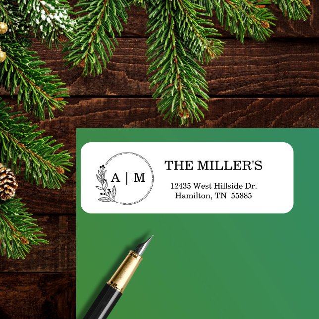 Svart minimal Blommigt, Monogram Bröllop Returadress Etikett (Black Minimal Floral Monogram Wedding Label)