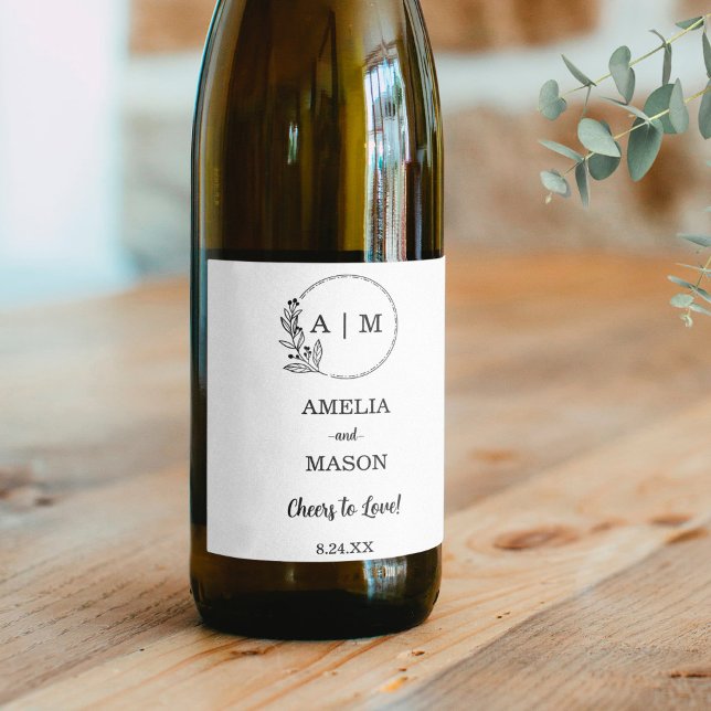 Svart minimal Blommigt, Monogram Bröllop Vinflaska Etikett (Black Minimal Floral Monogram Wedding Wine Label)