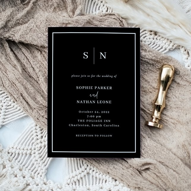 Svart minimal och Chic | Vita Gräns Bröllop Inbjudningar (A modern and elegant wedding invitation in dark black with your monogram)