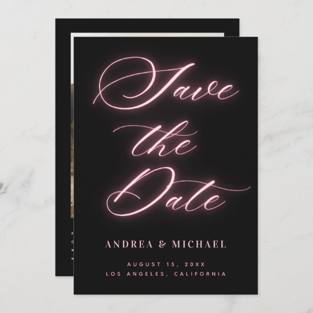 Svart minimal Rosa Neon Photo & QR Code Bröllop Spara Datumet (Fram/baksida)