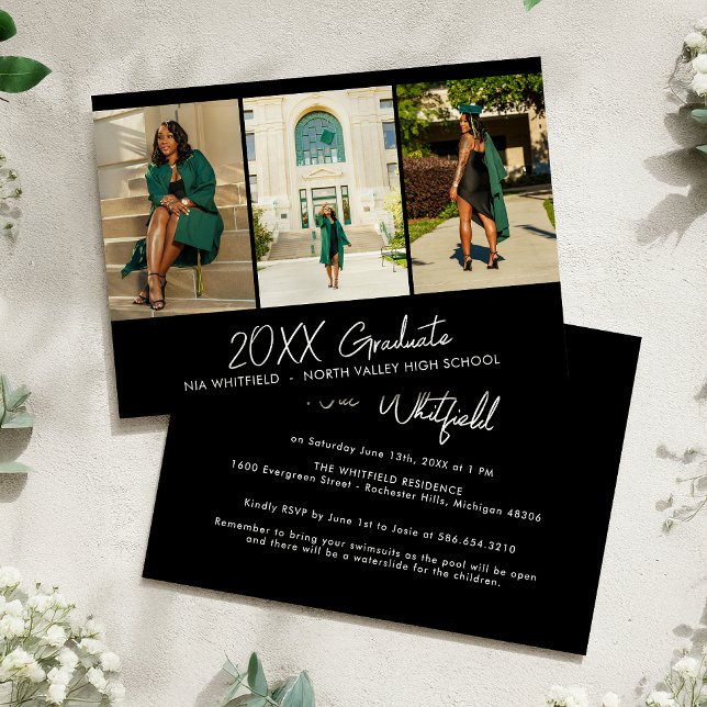 Svart minimal Studentfest för fotokollage Inbjudningar (Skapare uppladdad)