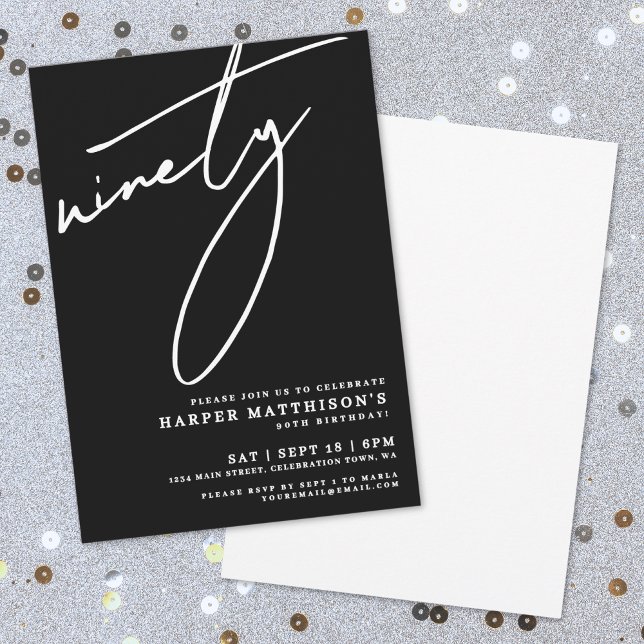 Svart minimalist nittio 90-årsfest inbjudningar (Black Minimalist Ninety 90th Birthday Party Invitation)