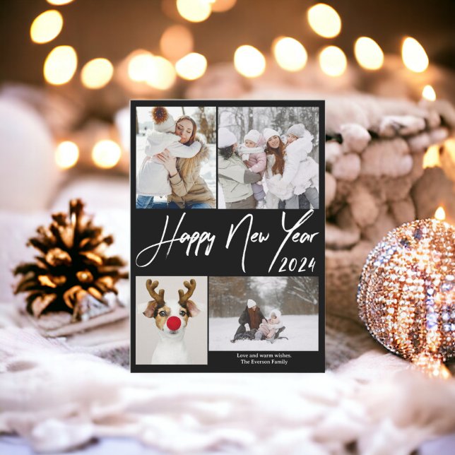 Svart minimalistisk 5 foton Gott nytt år 2024 Julkort (Black minimalist 5 photos Happy new year 2024 Holiday Card)