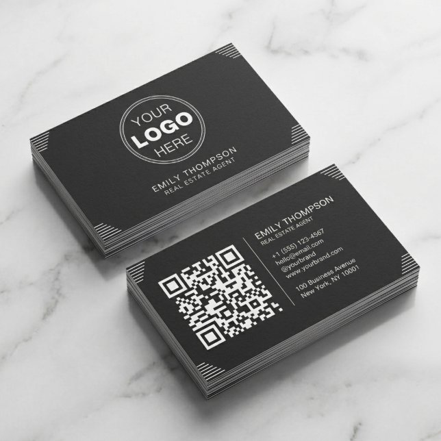 Svart minimalistisk Art Deco QR-kodlayout Visitkort (Modern Black Business Card Design with QR Code | Minimalist Branding)