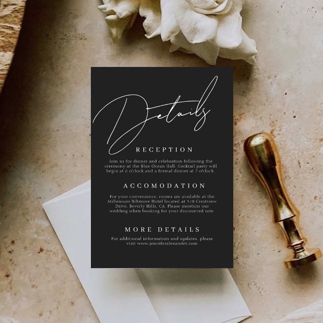 Svart Minimalistisk Bilaga till Bröllopskort med D (Minimal Black Wedding Details Enclosure Card)