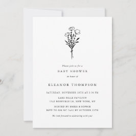 Svart, minimalistisk Blommigt Bouquet Baby Shower Inbjudningar