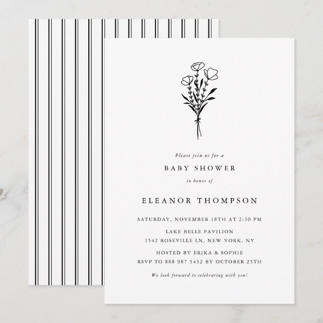 Svart, minimalistisk Blommigt Bouquet Baby Shower Inbjudningar (Fram/baksida)