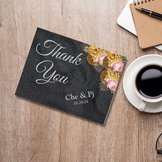 Svart, minimalistisk Blommigt - tackkort Vykort (Skapare uppladdad)