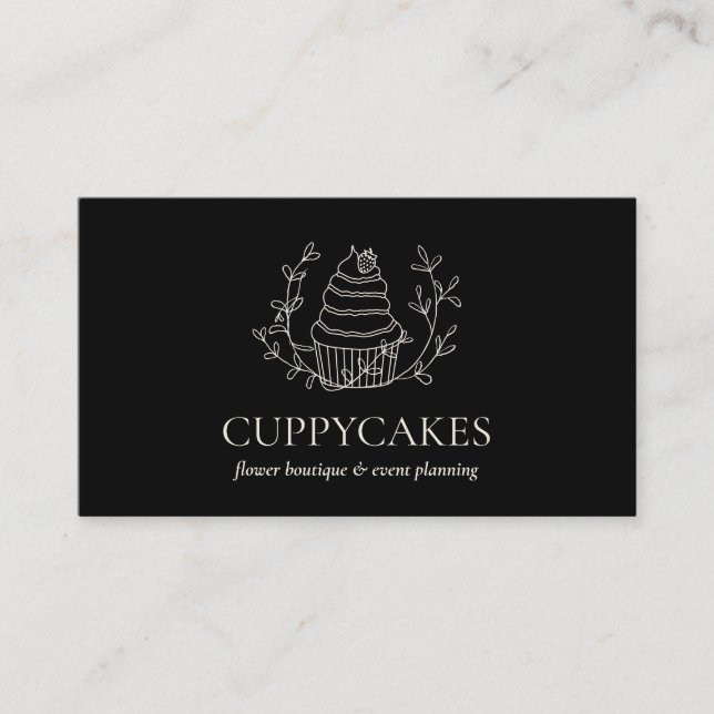 Svart minimalistisk blomsterbakery jordgubbskupeng visitkort (Framsida)