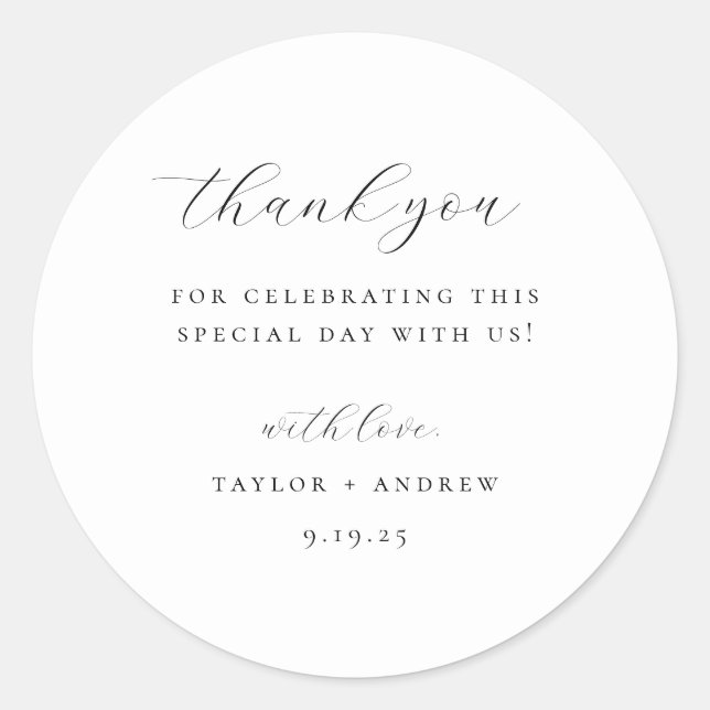 Svart minimalistisk Bröllop Tack Runt Klistermärke (Framsida)