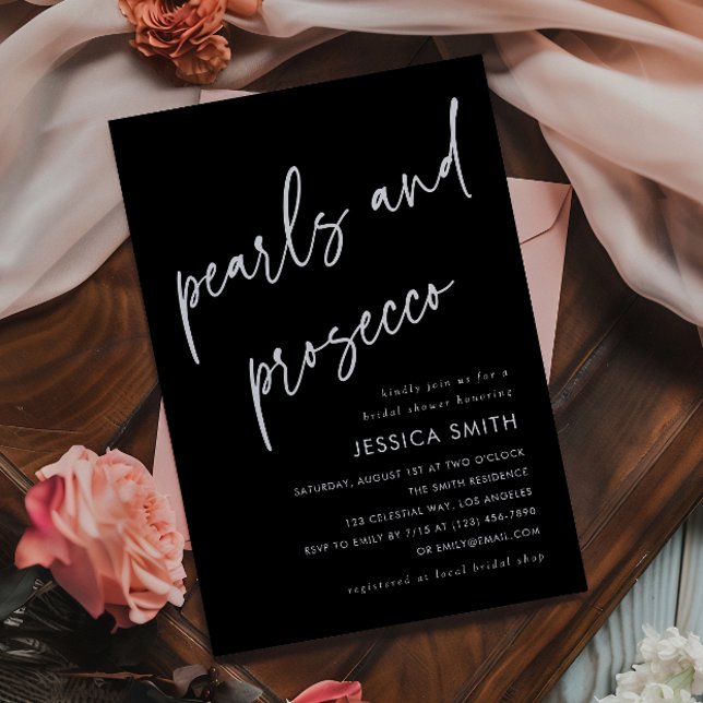 Svart minimalistisk bröllopsfest med pärlor och Pr Inbjudningar (Skapare uppladdad)