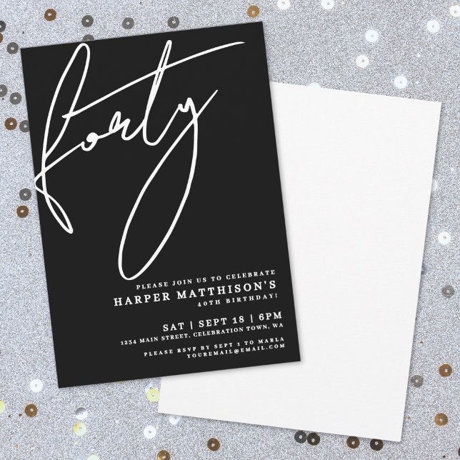 Svart minimalistisk fyrtioårs 40-årsfest inbjudningar (Black Minimalist Forty 40th Birthday Party Invitation)