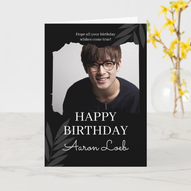 Svart, minimalistisk Grattis på födelsedagen-folkt Kort (Gul blomma)