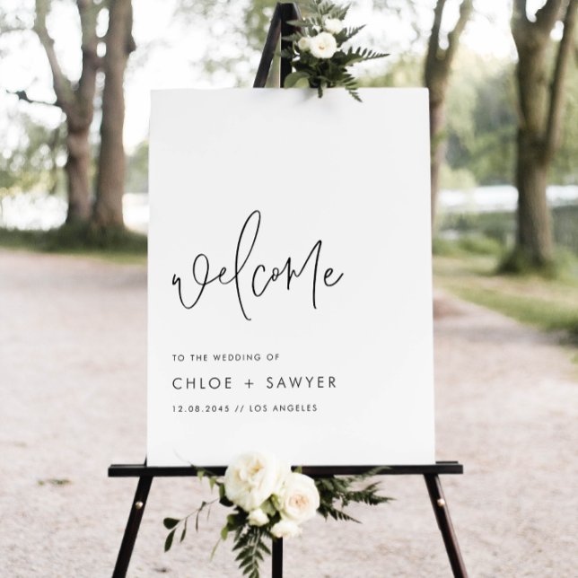Svart minimalistisk handskriven Bröllop Poster (Add a simple, sophisticated touch to your wedding day with this minimalist wedding welcome sign.)
