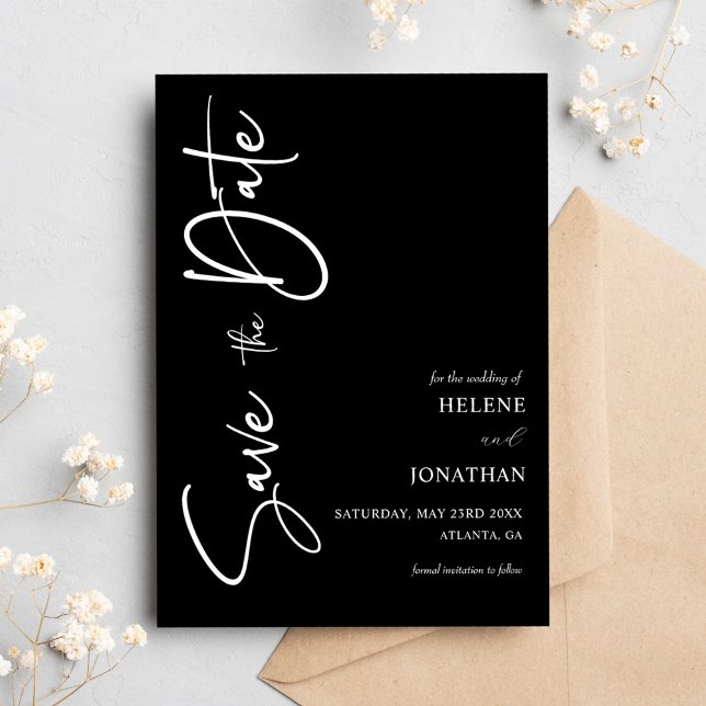Svart minimalistisk kalligrafi Bröllop Spara Datumet (Black Minimalist Calligraphy Wedding Save The Date)