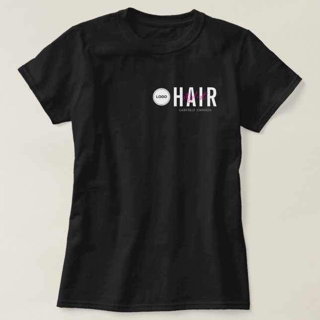 Svart minimalistisk logotyp för frisör medarbetare t shirt (Design framsida)