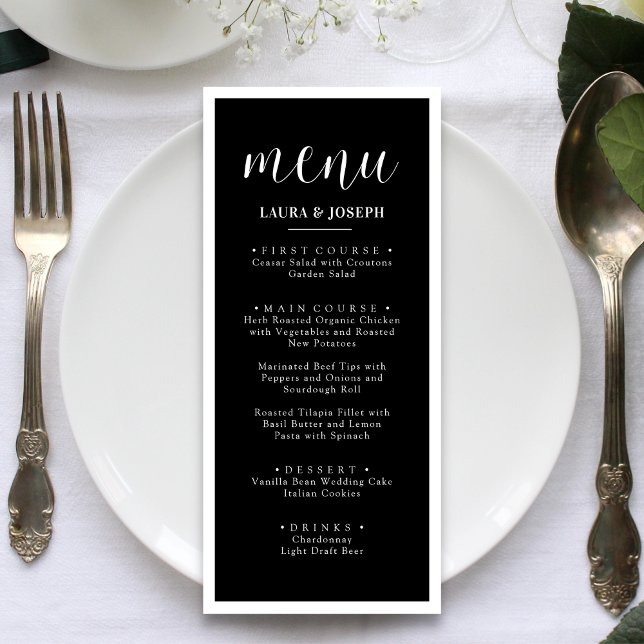 Svart Minimalistisk Middagsmeny för Bröllop Meny (Black minimalist wedding dinner menu brings sleek elegance and clear dining flow to your reception.)