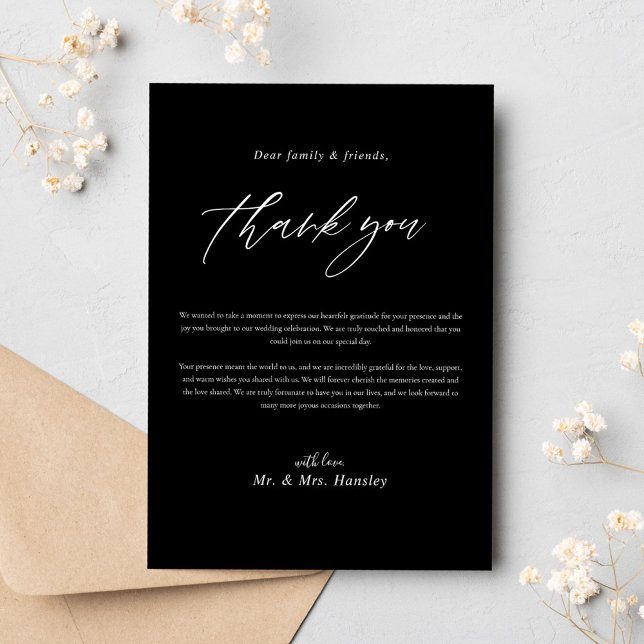 Svart minimalistisk modern kalligrafi Bröllop Tack Kort (Black Minimalist Modern Calligraphy Wedding Thank You Card)