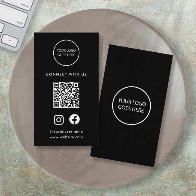 Svart, minimalistisk, modern Social Media Logotyp  Visitkort (Black Minimalist Modern Social Media Logo QR Code Business Card)