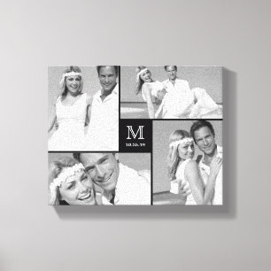 Svart, minimalistisk monogram Bröllop 4-fotokollag Canvastryck