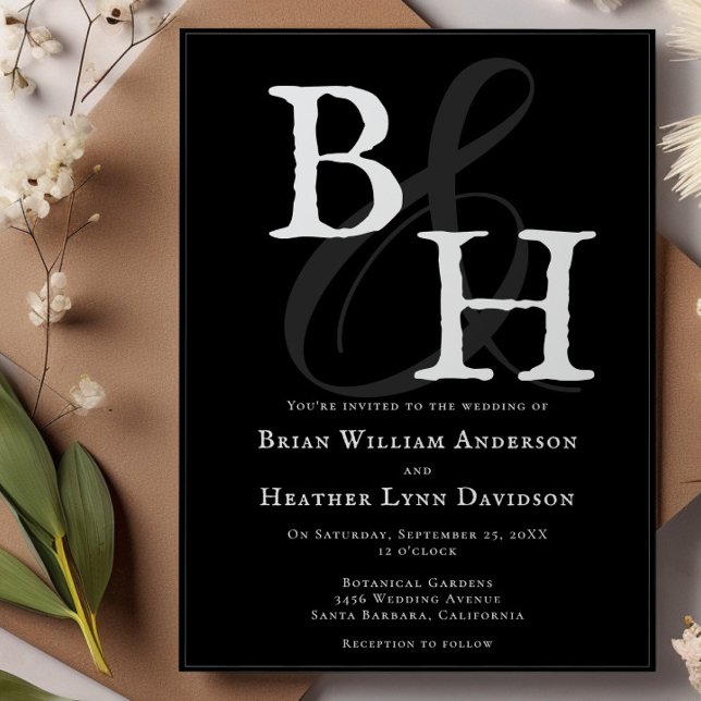 Svart, minimalistisk Monogram Bröllop Inbjudningar (Black Minimalist Monogram Wedding Invitation)