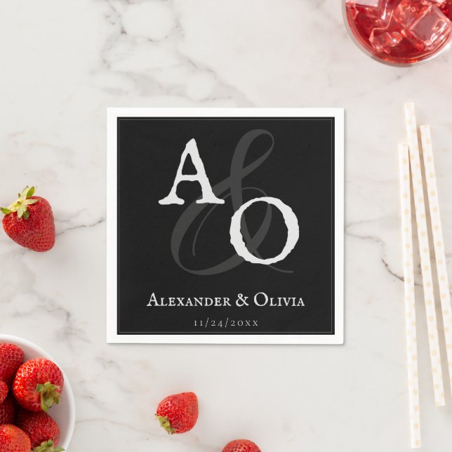 Svart, minimalistisk Monogram Bröllop Pappersservett (Insitu)