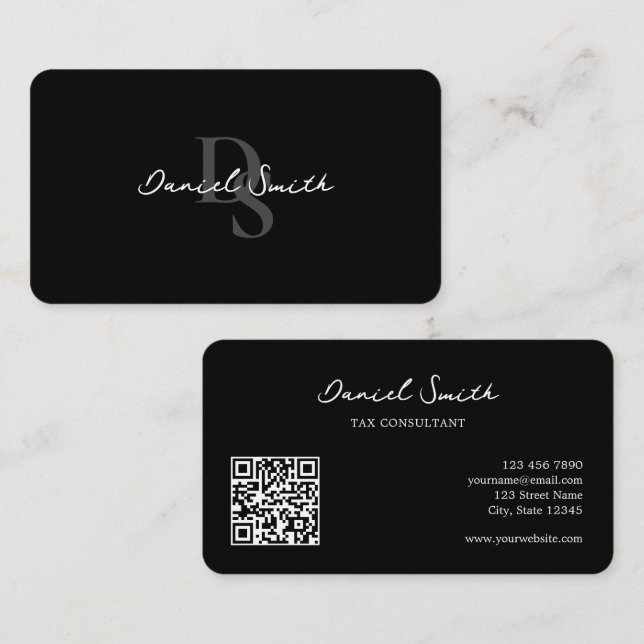 Svart, minimalistisk Professionell, QR-kod Visitkort (Fram/baksida)
