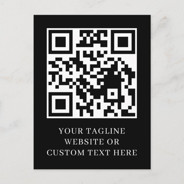 Svart minimalistisk QR anpassad text vykort design (Framsida)