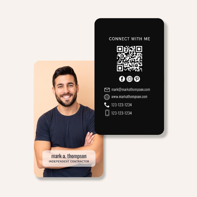 Svart minimalistisk QR-kod Foto Anslut Modern Visitkort (Black QR code business card with photo and sleek modern minimalist layout)