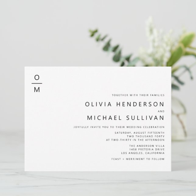 Svart minimalistisk typografi monogram bröllop inbjudningar (Stående Fram)