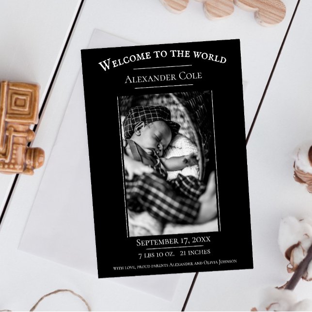 Svart minimalistiskt fotofödelsemärke meddelande (Black Minimalist Photo Birth Announcement)