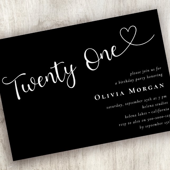 Svart, minimalistiskt skript, 21:a födelsedag inbjudningar (Skapare uppladdad)